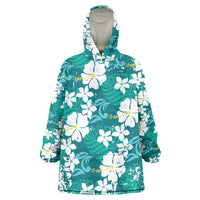 Teal Hawaiian Hibiscus Monstera Wearable Blanket Hoodie Grunge Stylized