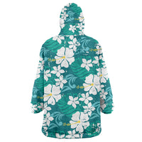 Teal Hawaiian Hibiscus Monstera Wearable Blanket Hoodie Grunge Stylized