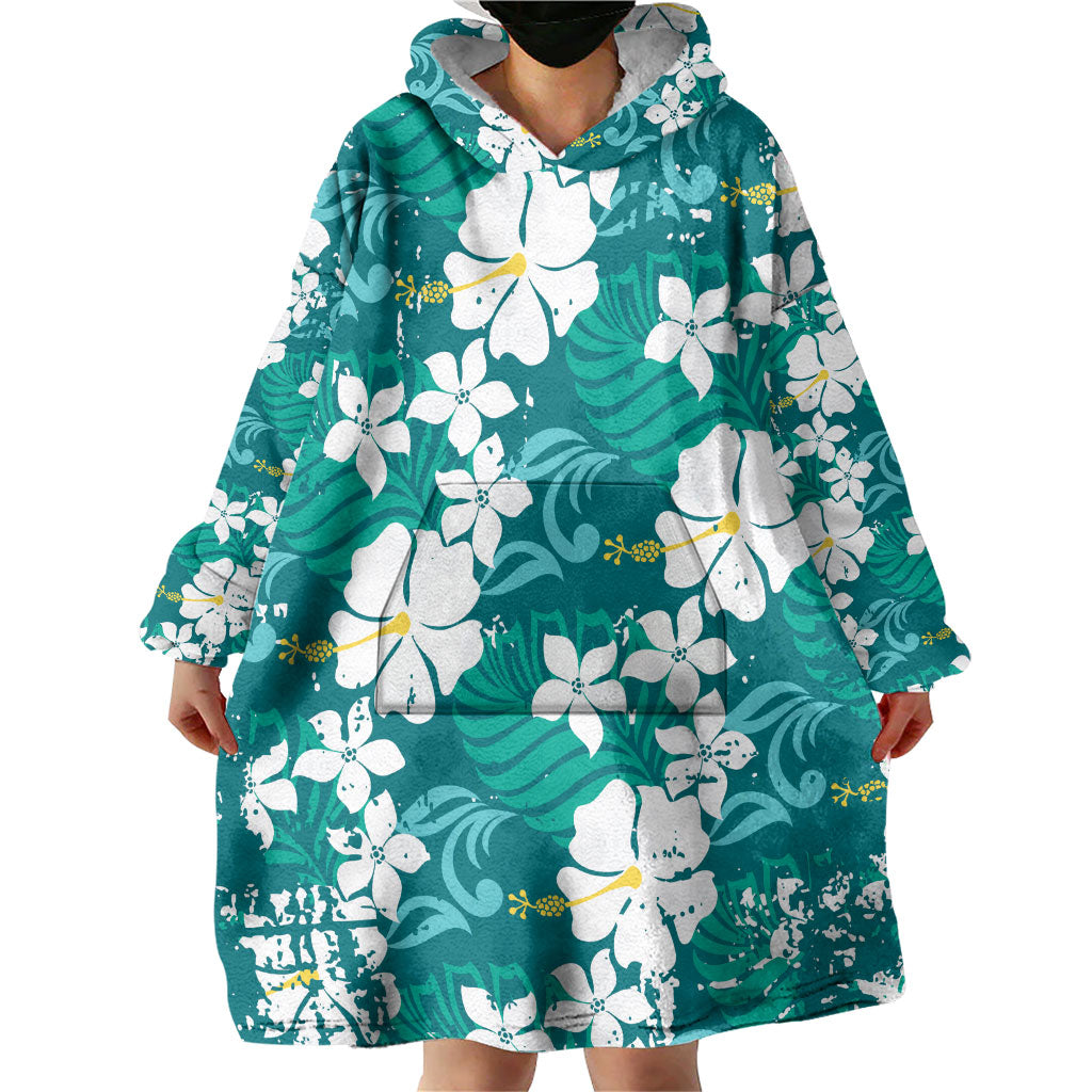 Teal Hawaiian Hibiscus Monstera Wearable Blanket Hoodie Grunge Stylized