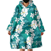 Teal Hawaiian Hibiscus Monstera Wearable Blanket Hoodie Grunge Stylized