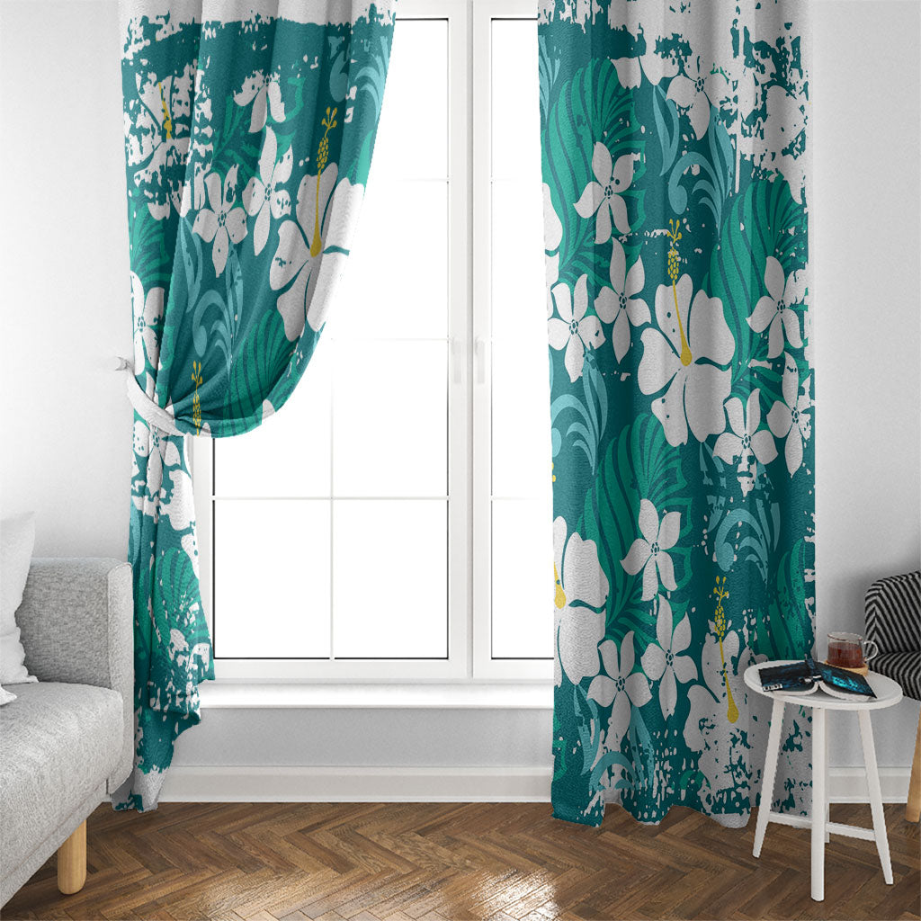 Teal Hawaiian Hibiscus Monstera Window Curtain Grunge Stylized