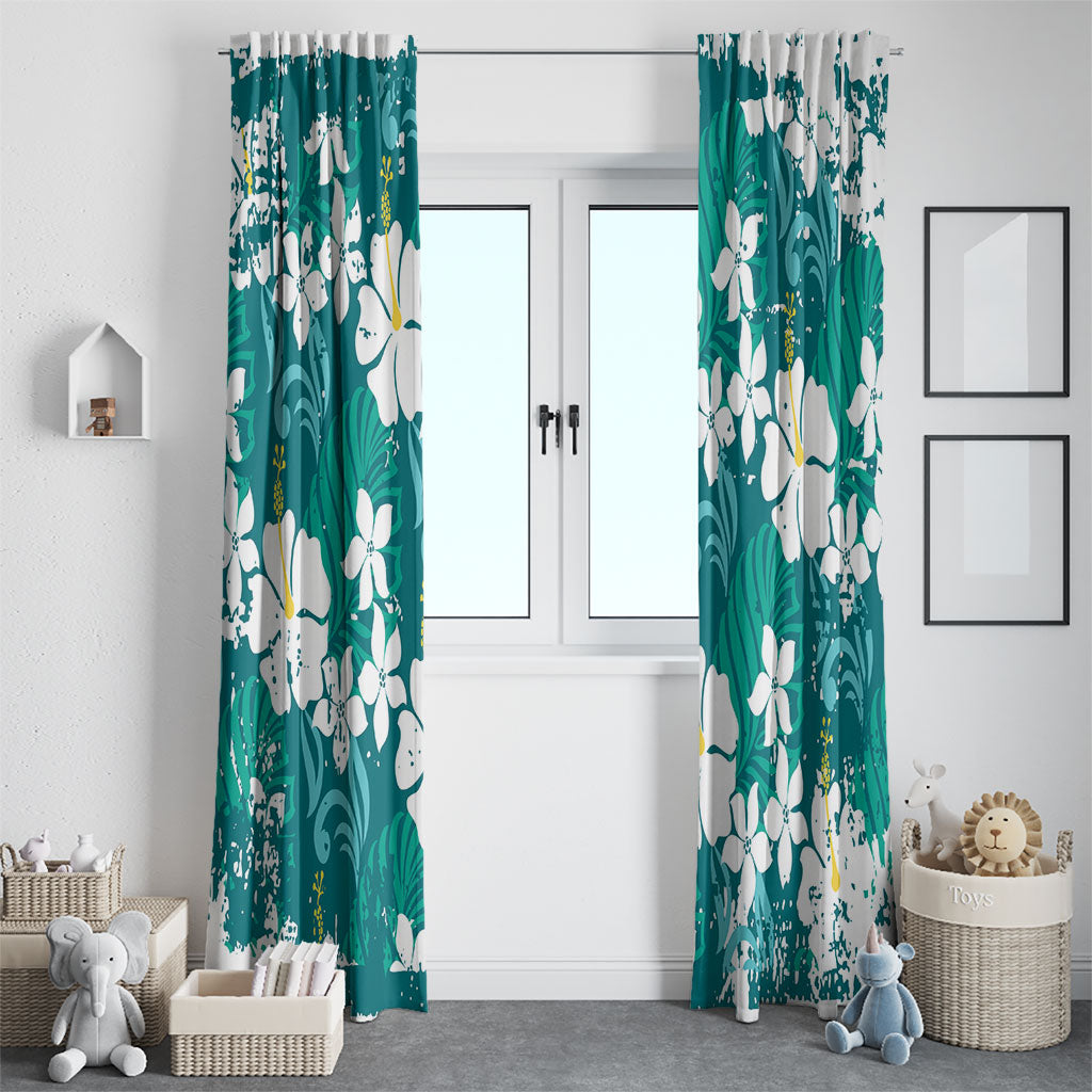 Teal Hawaiian Hibiscus Monstera Window Curtain Grunge Stylized