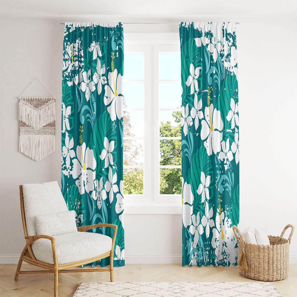 Teal Hawaiian Hibiscus Monstera Window Curtain Grunge Stylized