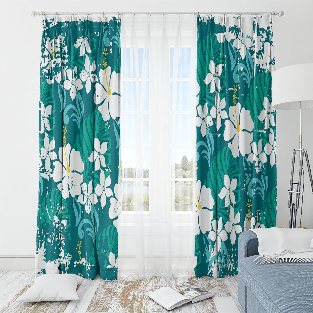 Teal Hawaiian Hibiscus Monstera Window Curtain Grunge Stylized
