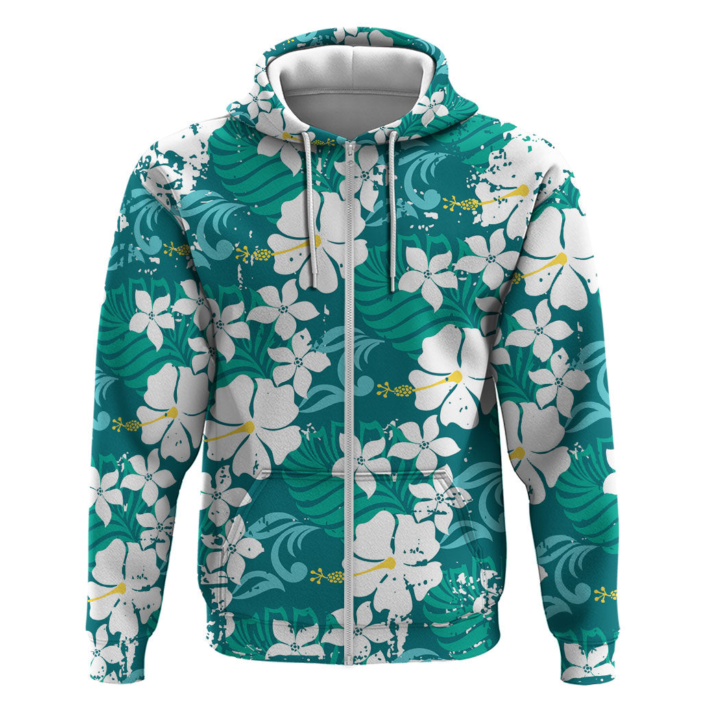 Teal Hawaiian Hibiscus Monstera Zip Hoodie Grunge Stylized