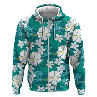 Teal Hawaiian Hibiscus Monstera Zip Hoodie Grunge Stylized