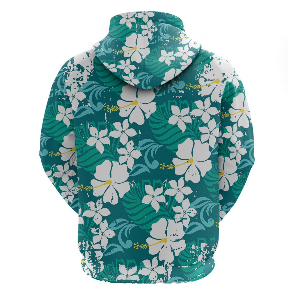 Teal Hawaiian Hibiscus Monstera Zip Hoodie Grunge Stylized