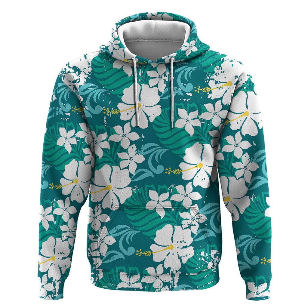 Teal Hawaiian Hibiscus Monstera Zip Hoodie Grunge Stylized