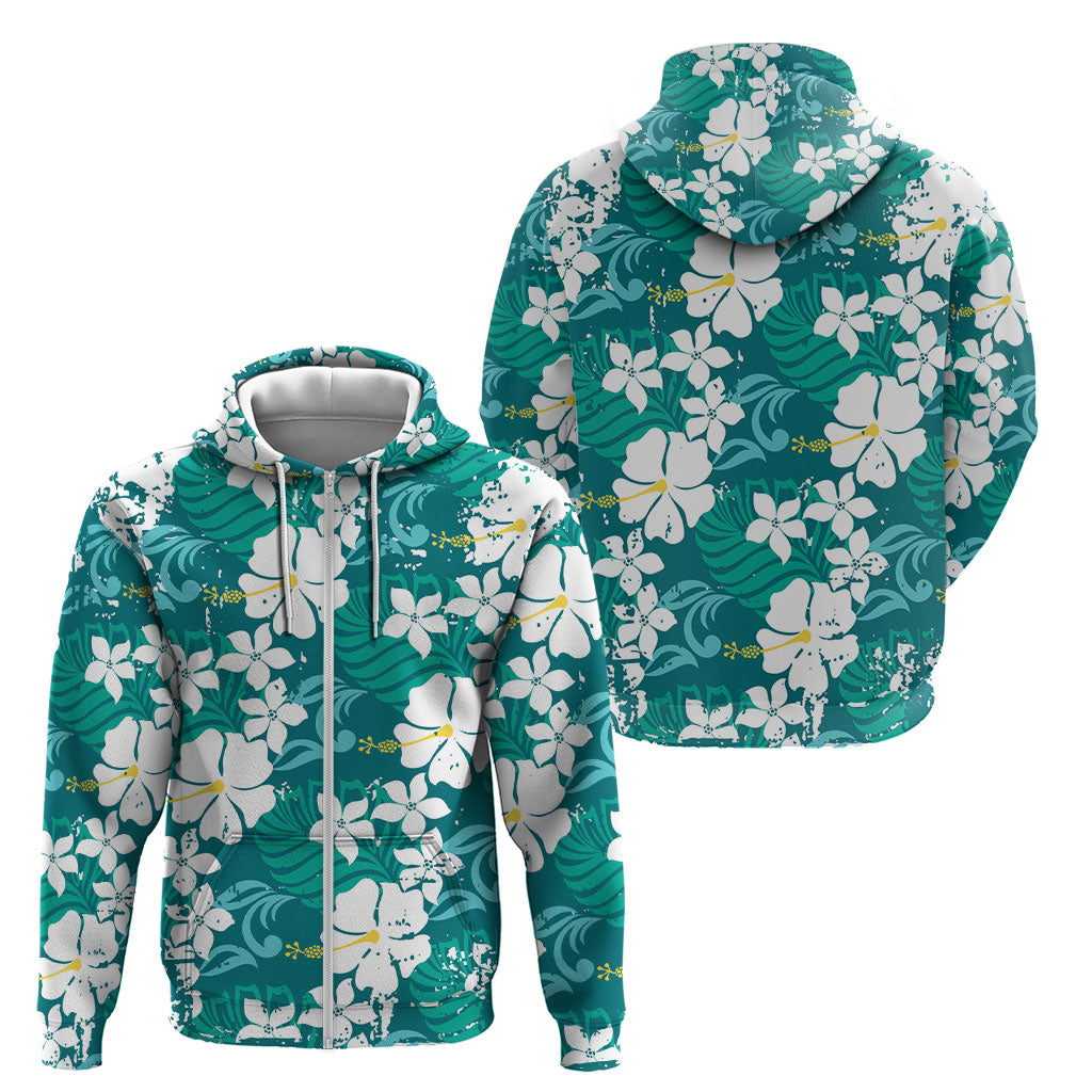 Teal Hawaiian Hibiscus Monstera Zip Hoodie Grunge Stylized