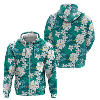 Teal Hawaiian Hibiscus Monstera Zip Hoodie Grunge Stylized