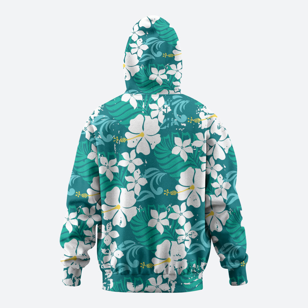 Teal Hawaiian Hibiscus Monstera Zip Hoodie Grunge Stylized