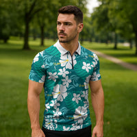 Teal Hawaiian Hibiscus Monstera Zipper Polo Shirt Grunge Stylized LT01 - Polynesian Pride