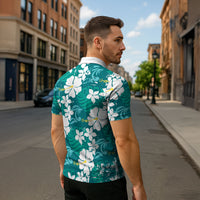 Teal Hawaiian Hibiscus Monstera Zipper Polo Shirt Grunge Stylized LT01 - Polynesian Pride