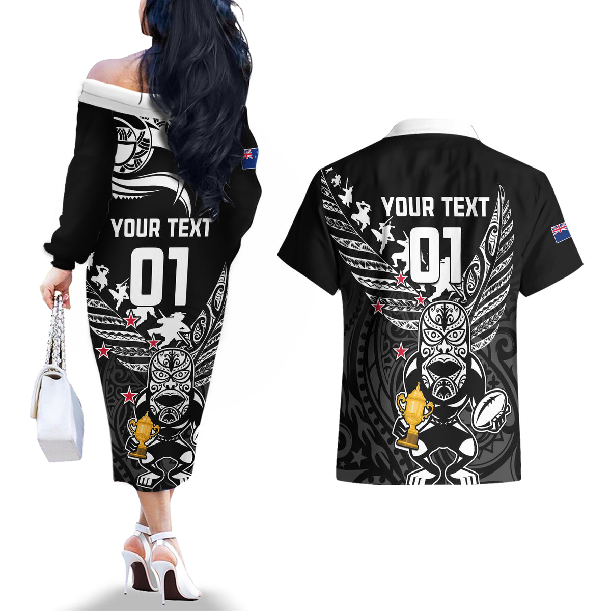 Custom New Zealand Silver Fern Rugby Couples Matching Off The Shoulder Long Sleeve Dress and Hawaiian Shirt Aotearoa Champion 2023 World Cup LT01 - Polynesian Pride