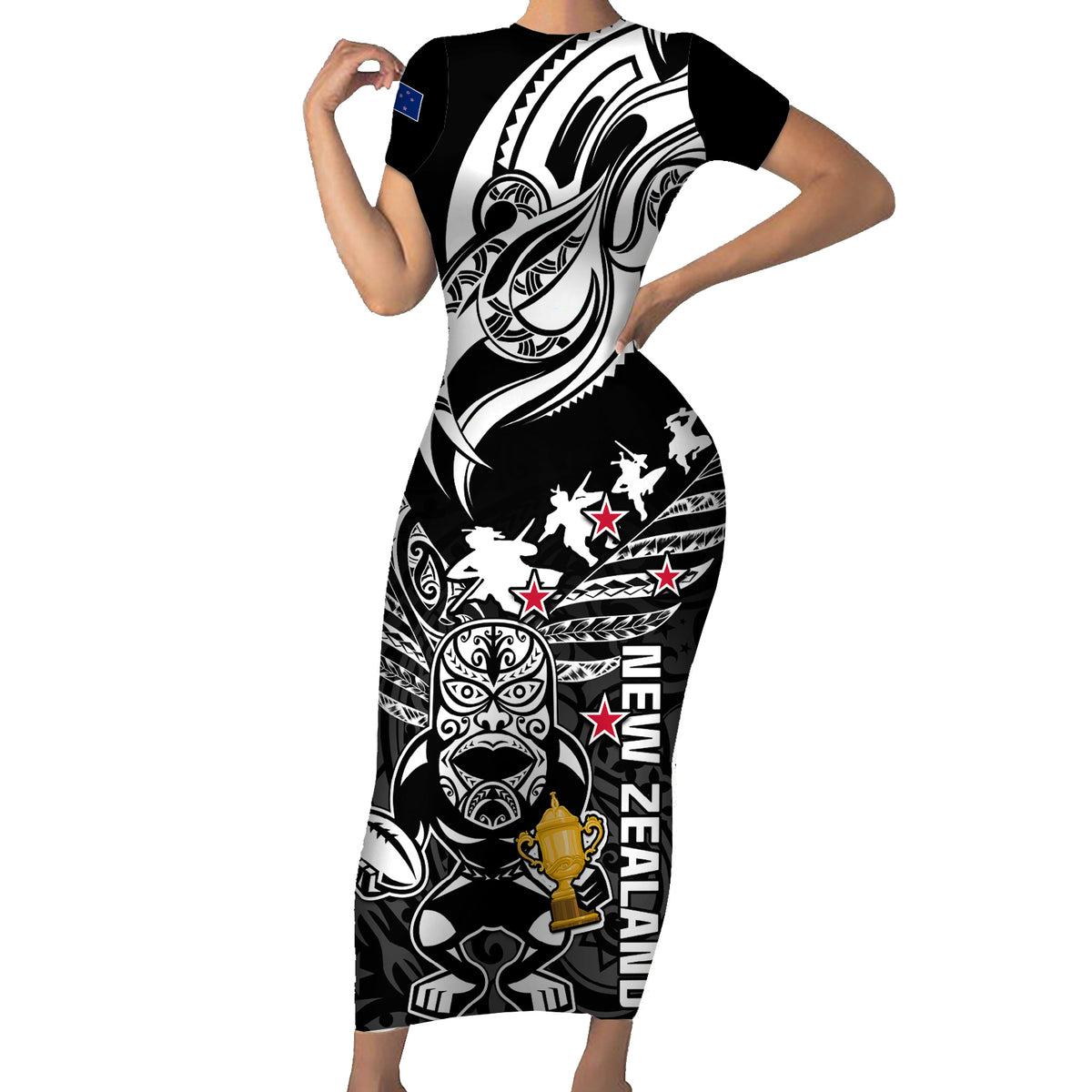 Custom New Zealand Silver Fern Rugby Short Sleeve Bodycon Dress Aotearoa Champion 2023 World Cup LT01 Long Dress Black - Polynesian Pride