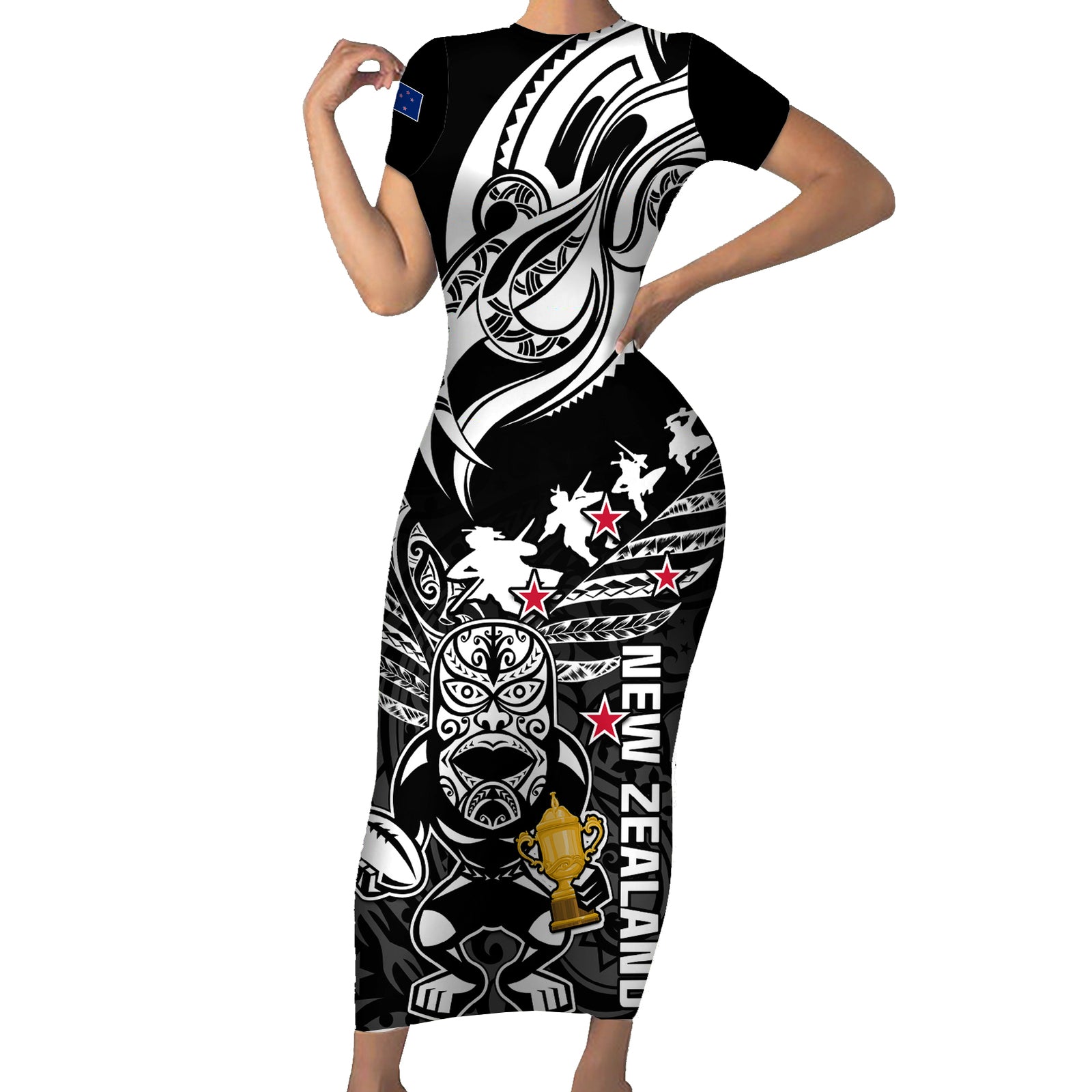 Custom New Zealand Silver Fern Rugby Short Sleeve Bodycon Dress Aotearoa Champion 2023 World Cup LT01 Long Dress Black - Polynesian Pride