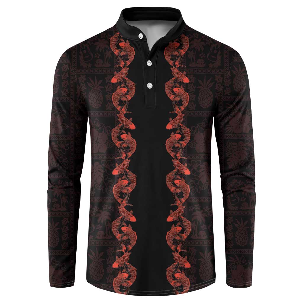 Hawaii Japan Koi Fish Red Button Sweatshirt Tapa Pattern - Polynesian Pride