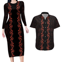 Hawaii Japan Koi Fish Red Couples Matching Long Sleeve Bodycon Dress and Hawaiian Shirt Tapa Pattern - Polynesian Pride