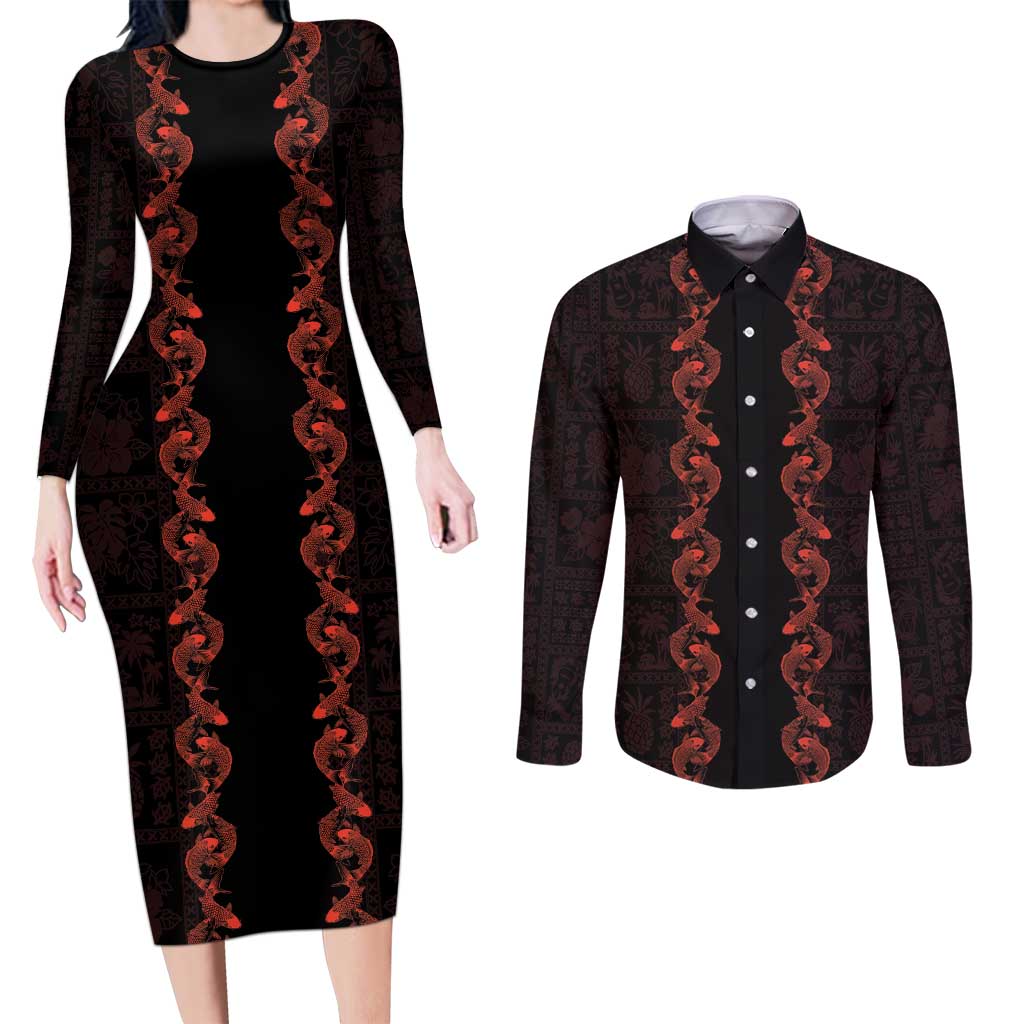 Hawaii Japan Koi Fish Red Couples Matching Long Sleeve Bodycon Dress and Long Sleeve Button Shirt Tapa Pattern LT01 Red - Polynesian Pride