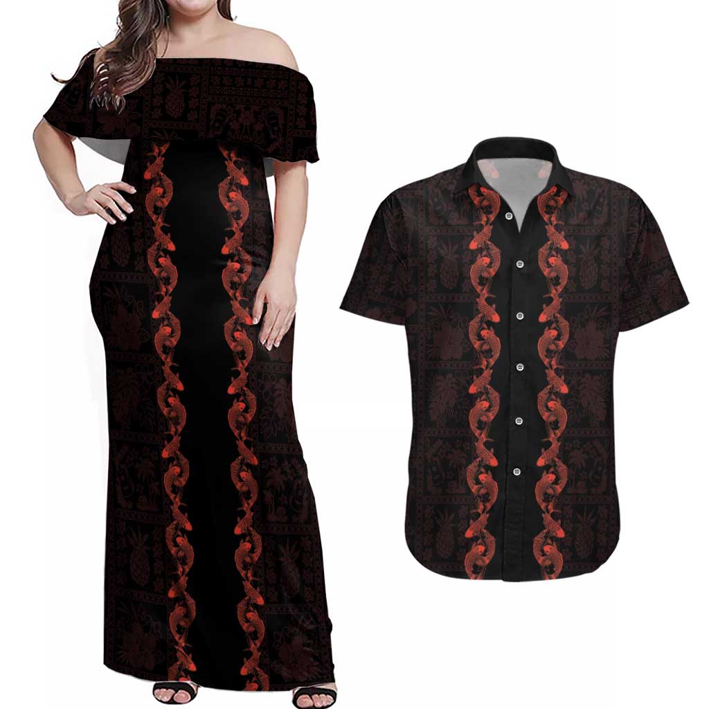 Hawaii Japan Koi Fish Red Couples Matching Off Shoulder Maxi Dress and Hawaiian Shirt Tapa Pattern - Polynesian Pride