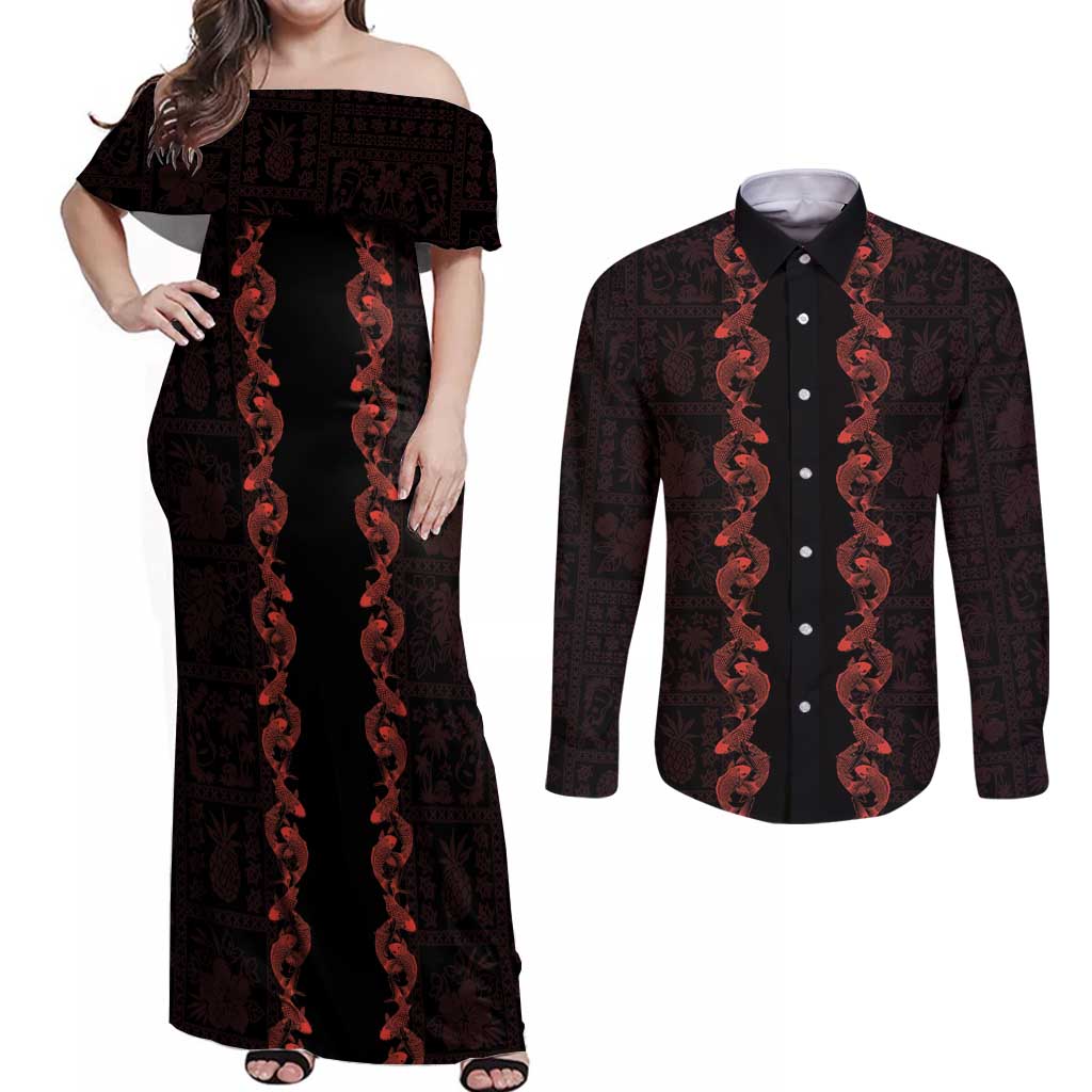Hawaii Japan Koi Fish Red Couples Matching Off Shoulder Maxi Dress and Long Sleeve Button Shirt Tapa Pattern LT01 Red - Polynesian Pride