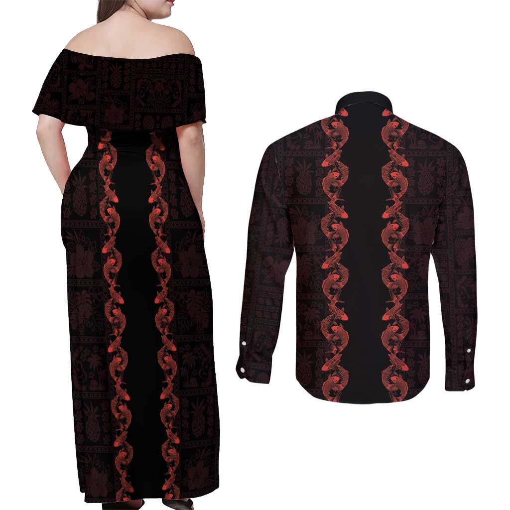 Hawaii Japan Koi Fish Red Couples Matching Off Shoulder Maxi Dress and Long Sleeve Button Shirt Tapa Pattern - Polynesian Pride