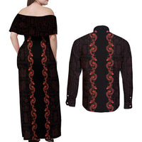 Hawaii Japan Koi Fish Red Couples Matching Off Shoulder Maxi Dress and Long Sleeve Button Shirt Tapa Pattern - Polynesian Pride