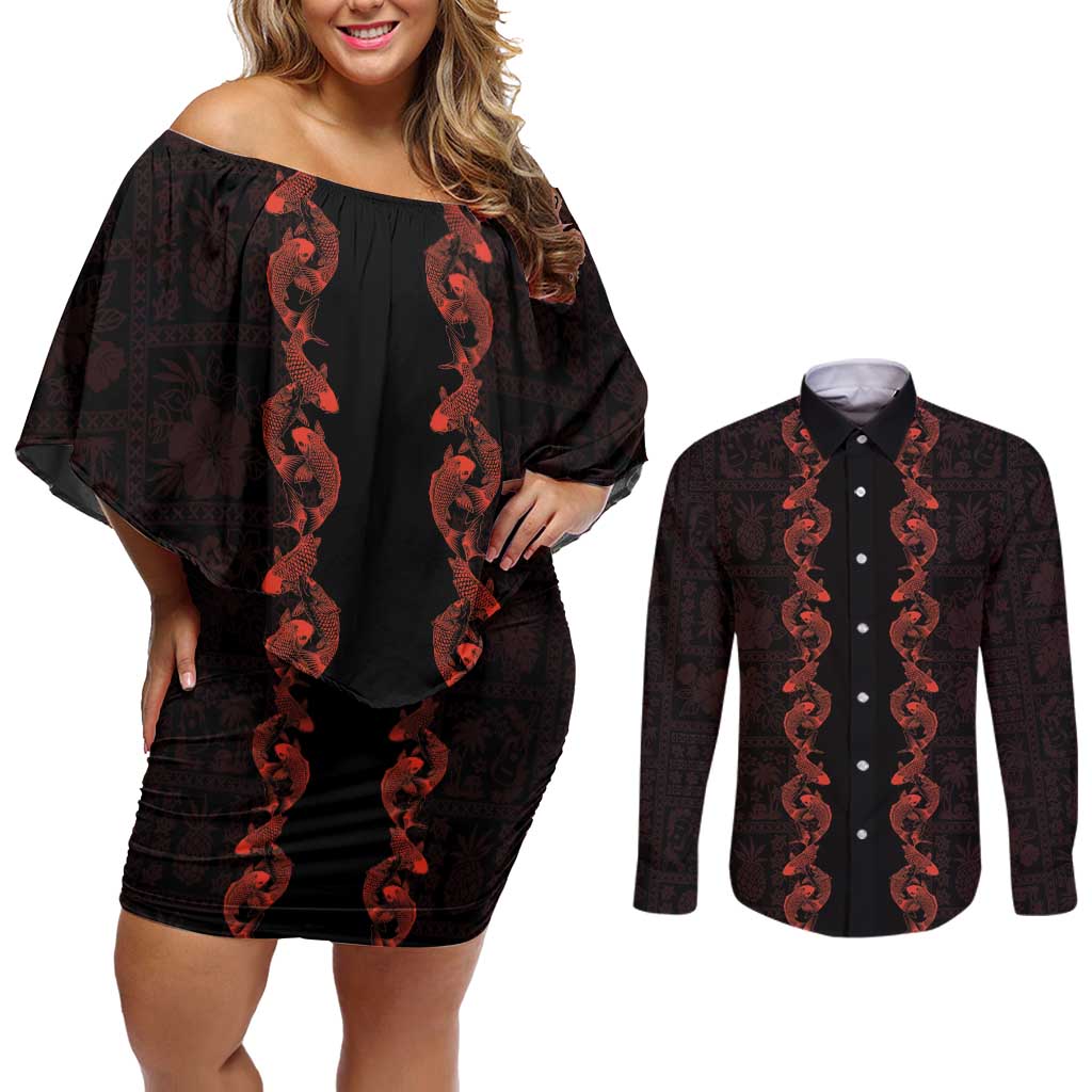 Hawaii Japan Koi Fish Red Couples Matching Off Shoulder Short Dress and Long Sleeve Button Shirt Tapa Pattern LT01 Red - Polynesian Pride