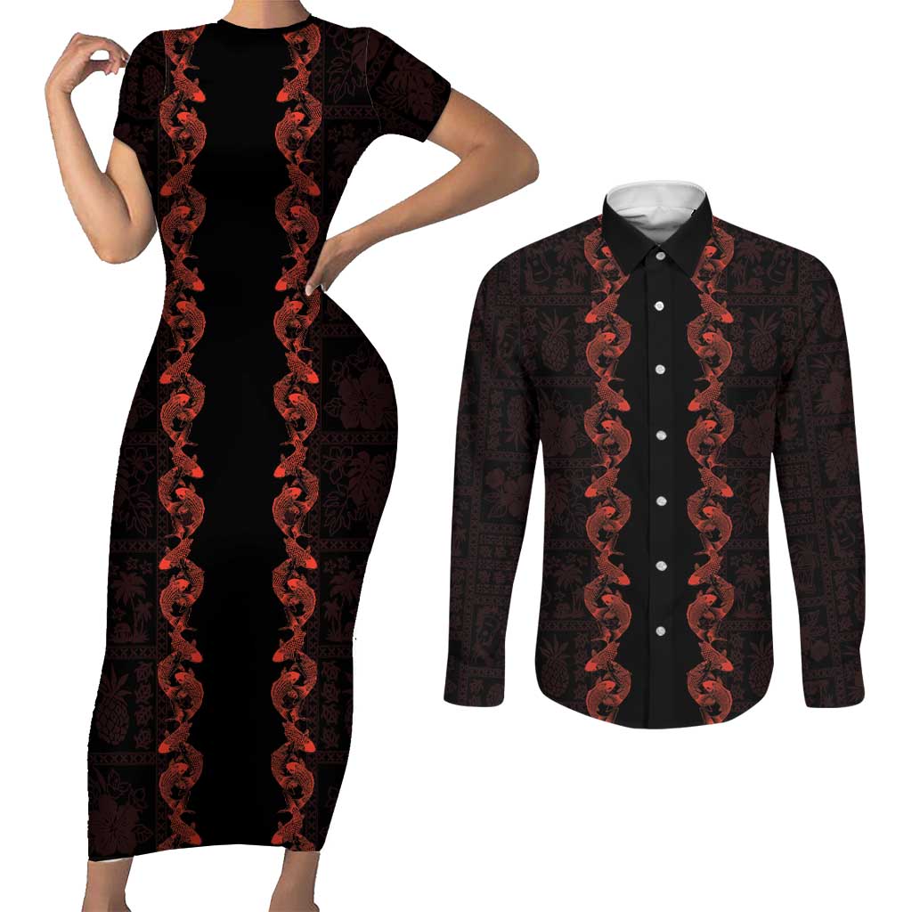 Hawaii Japan Koi Fish Red Couples Matching Short Sleeve Bodycon Dress and Long Sleeve Button Shirt Tapa Pattern LT01 Red - Polynesian Pride