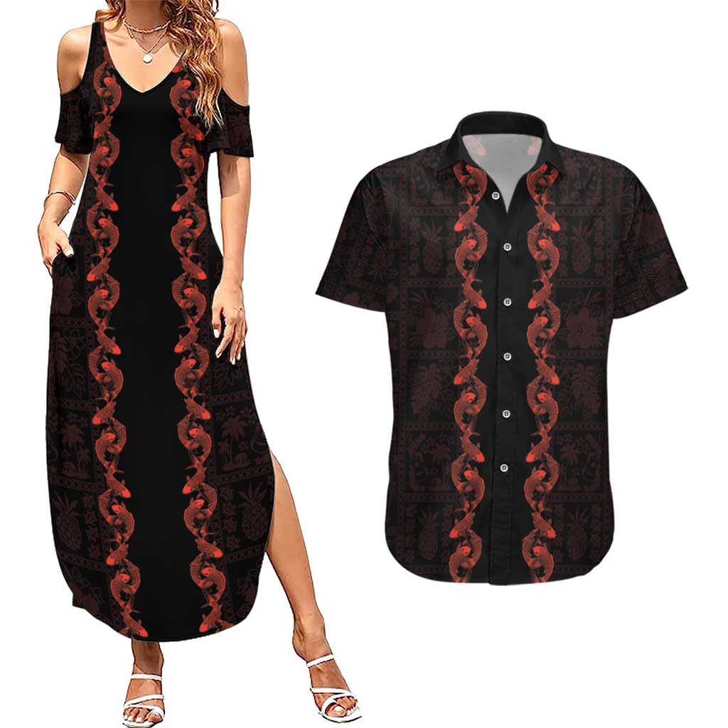 Hawaii Japan Koi Fish Red Couples Matching Summer Maxi Dress and Hawaiian Shirt Tapa Pattern LT01 Red - Polynesian Pride