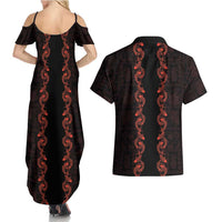 Hawaii Japan Koi Fish Red Couples Matching Summer Maxi Dress and Hawaiian Shirt Tapa Pattern LT01 - Polynesian Pride