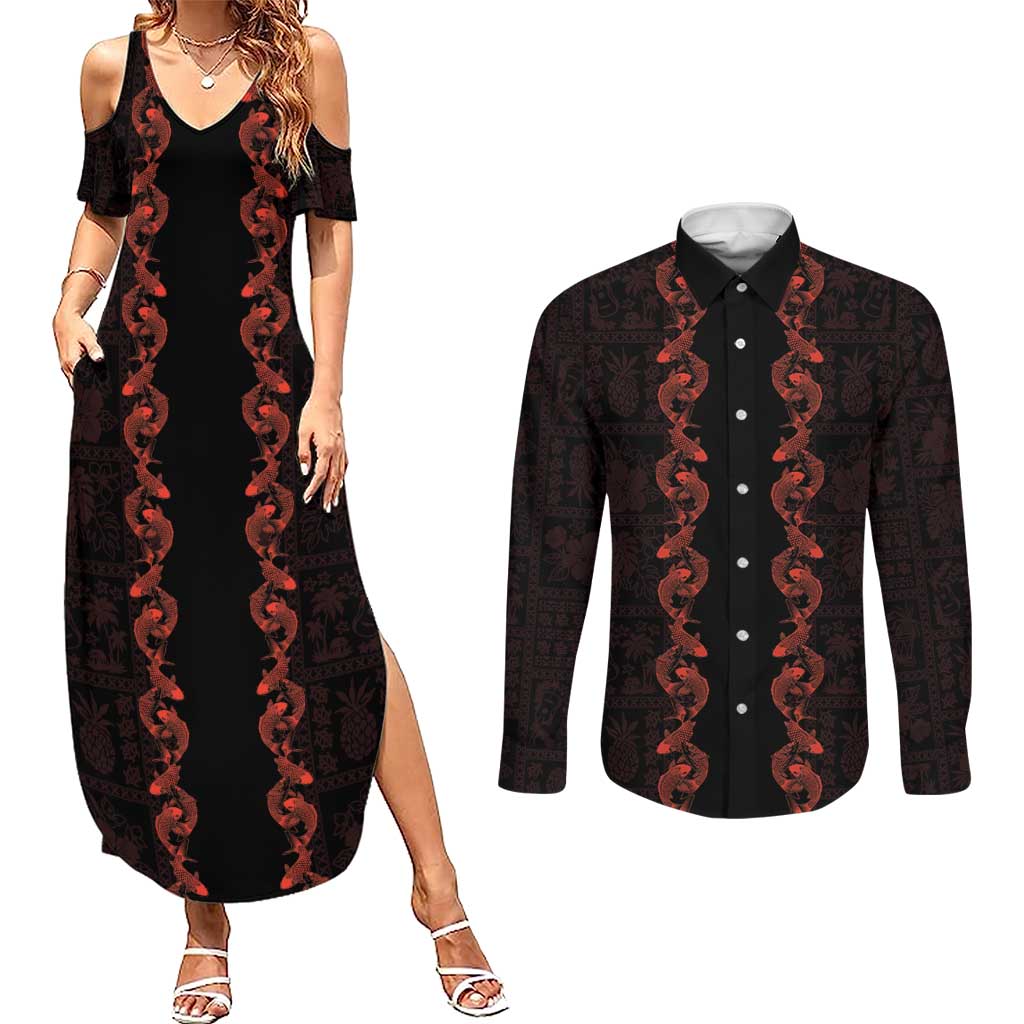 Hawaii Japan Koi Fish Red Couples Matching Summer Maxi Dress and Long Sleeve Button Shirt Tapa Pattern LT01 Red - Polynesian Pride
