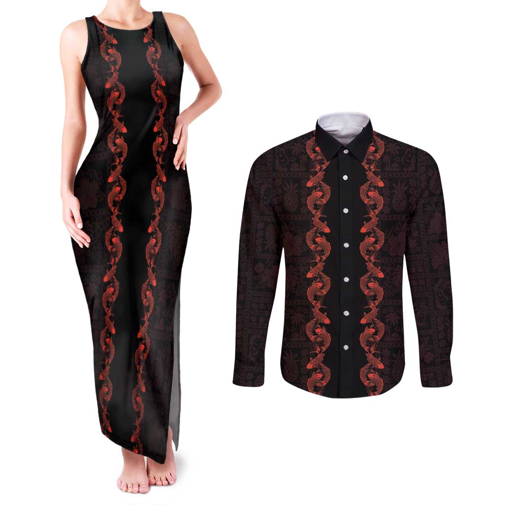 Hawaii Japan Koi Fish Red Couples Matching Tank Maxi Dress and Long Sleeve Button Shirt Tapa Pattern LT01 Red - Polynesian Pride