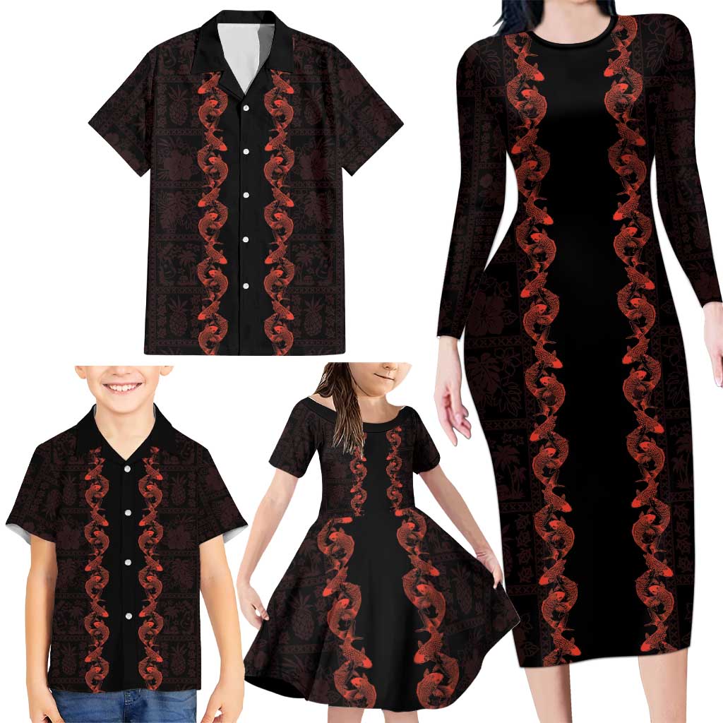 Hawaii Japan Koi Fish Red Family Matching Long Sleeve Bodycon Dress and Hawaiian Shirt Tapa Pattern LT01 - Polynesian Pride