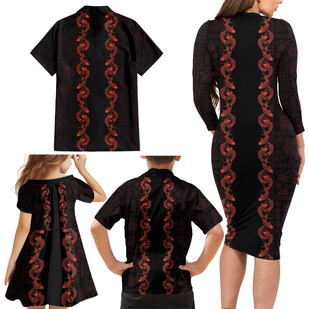 Hawaii Japan Koi Fish Red Family Matching Long Sleeve Bodycon Dress and Hawaiian Shirt Tapa Pattern LT01 - Polynesian Pride