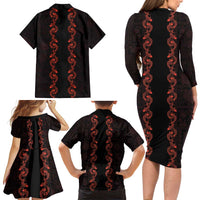 Hawaii Japan Koi Fish Red Family Matching Long Sleeve Bodycon Dress and Hawaiian Shirt Tapa Pattern LT01 - Polynesian Pride
