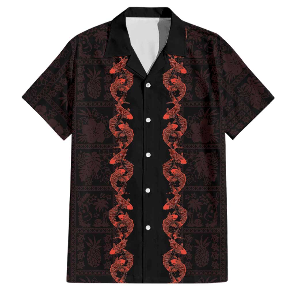 Hawaii Japan Koi Fish Red Family Matching Long Sleeve Bodycon Dress and Hawaiian Shirt Tapa Pattern LT01 Dad's Shirt - Short Sleeve Red - Polynesian Pride
