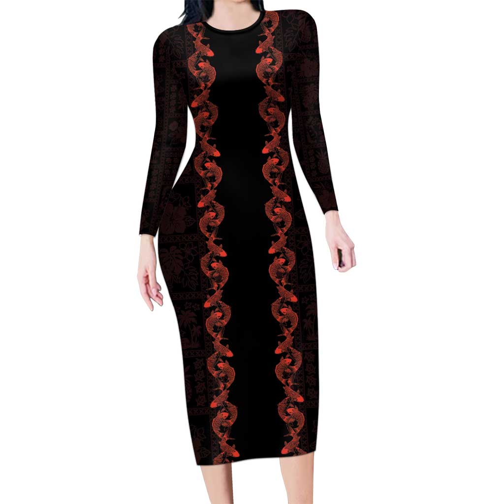 Hawaii Japan Koi Fish Red Family Matching Long Sleeve Bodycon Dress and Hawaiian Shirt Tapa Pattern LT01 Mom's Dress Red - Polynesian Pride