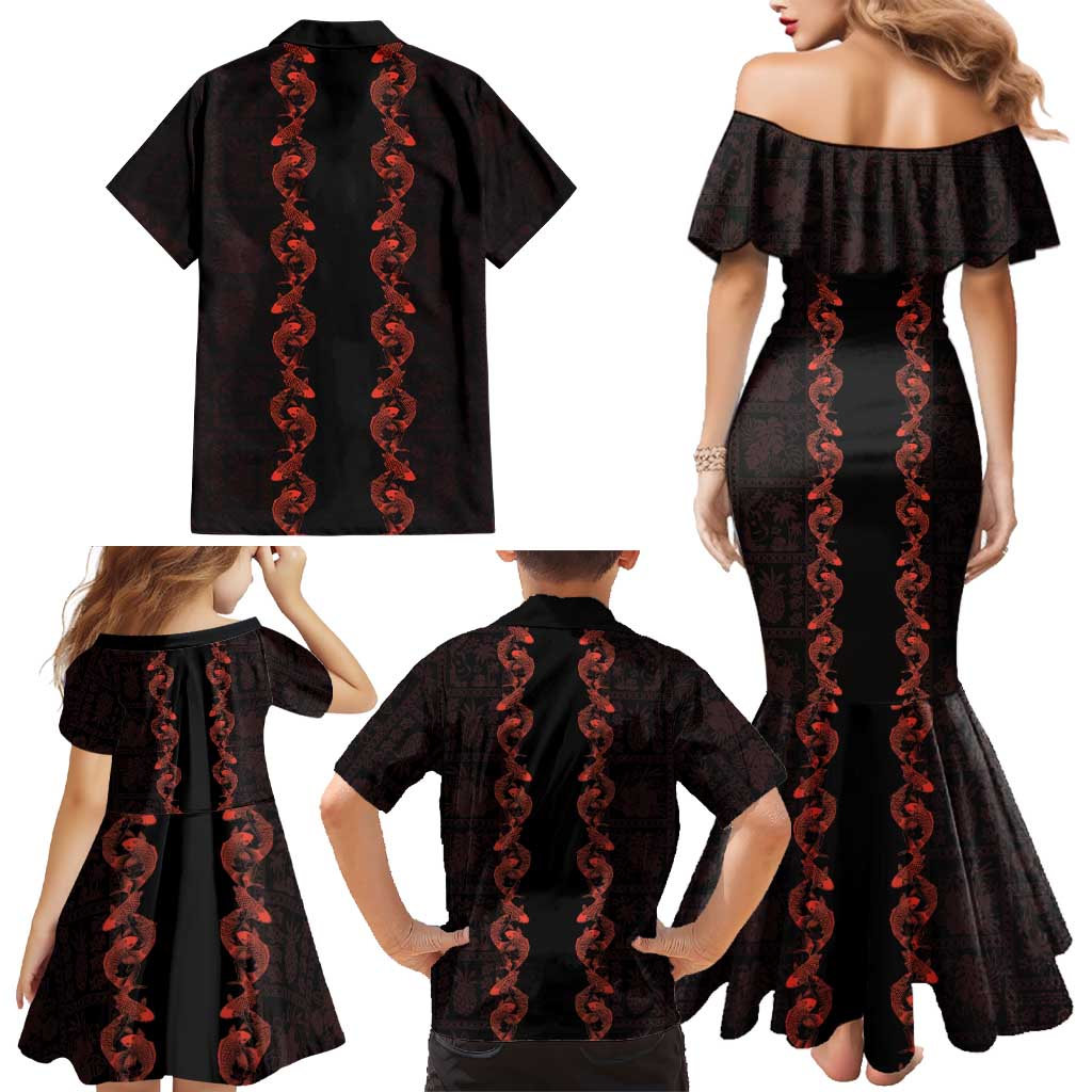 Hawaii Japan Koi Fish Red Family Matching Mermaid Dress and Hawaiian Shirt Tapa Pattern LT01 - Polynesian Pride