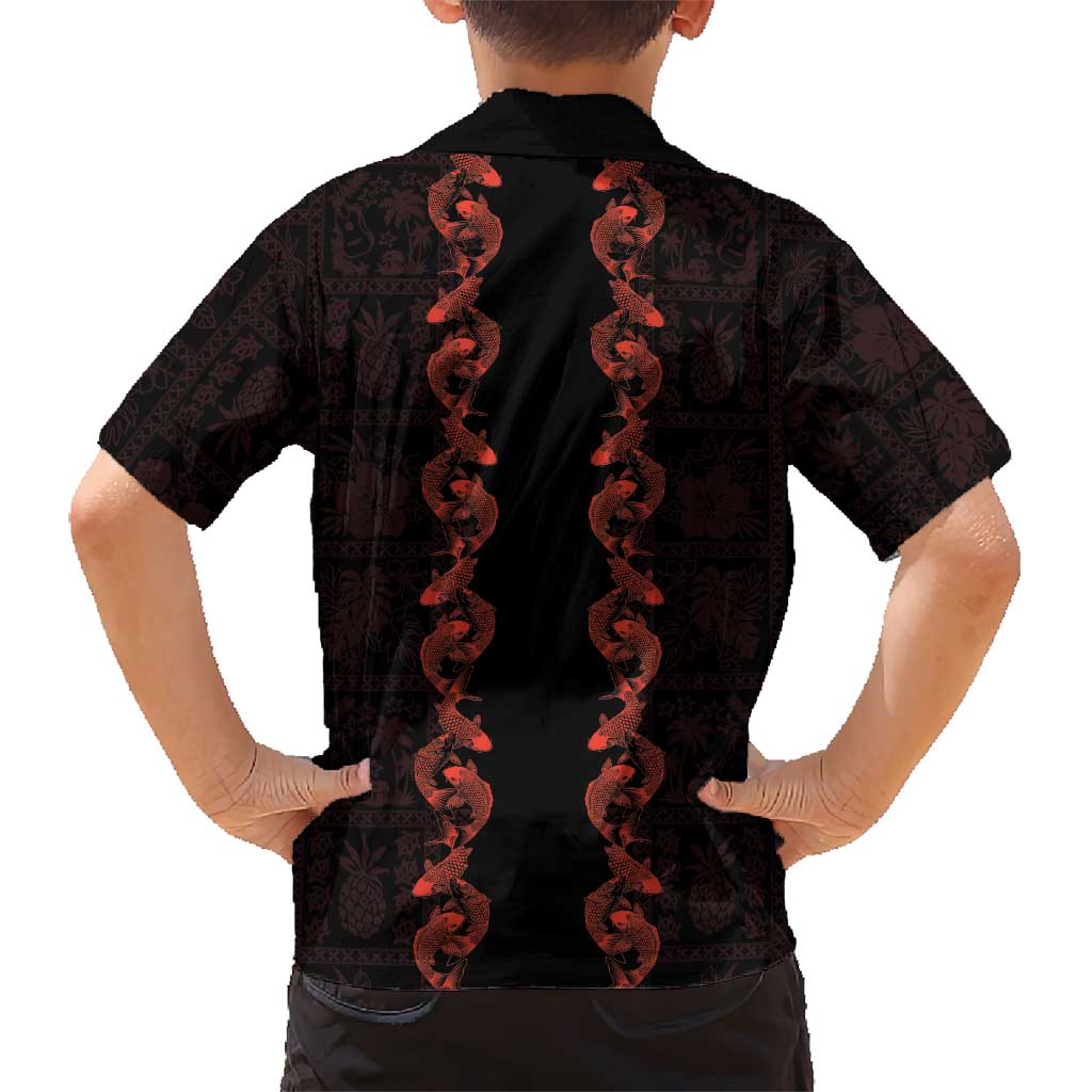 Hawaii Japan Koi Fish Red Family Matching Off The Shoulder Long Sleeve Dress and Hawaiian Shirt Tapa Pattern LT01 - Polynesian Pride