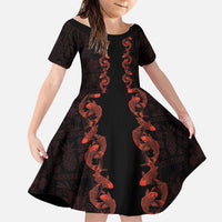 Hawaii Japan Koi Fish Red Family Matching Off The Shoulder Long Sleeve Dress and Hawaiian Shirt Tapa Pattern LT01 Daughter's Dress Red - Polynesian Pride