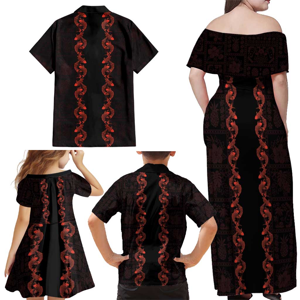 Hawaii Japan Koi Fish Red Family Matching Off Shoulder Maxi Dress and Hawaiian Shirt Tapa Pattern LT01 - Polynesian Pride