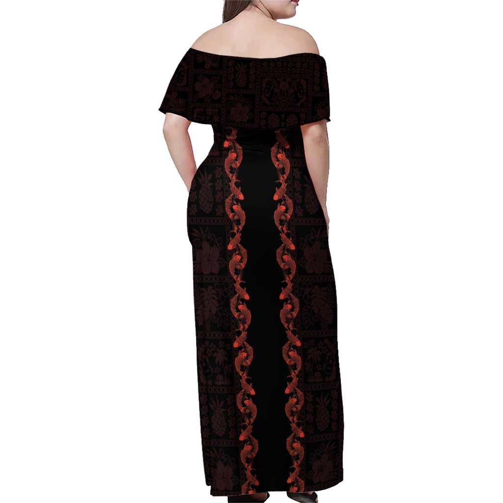 Hawaii Japan Koi Fish Red Family Matching Off Shoulder Maxi Dress and Hawaiian Shirt Tapa Pattern LT01 - Polynesian Pride