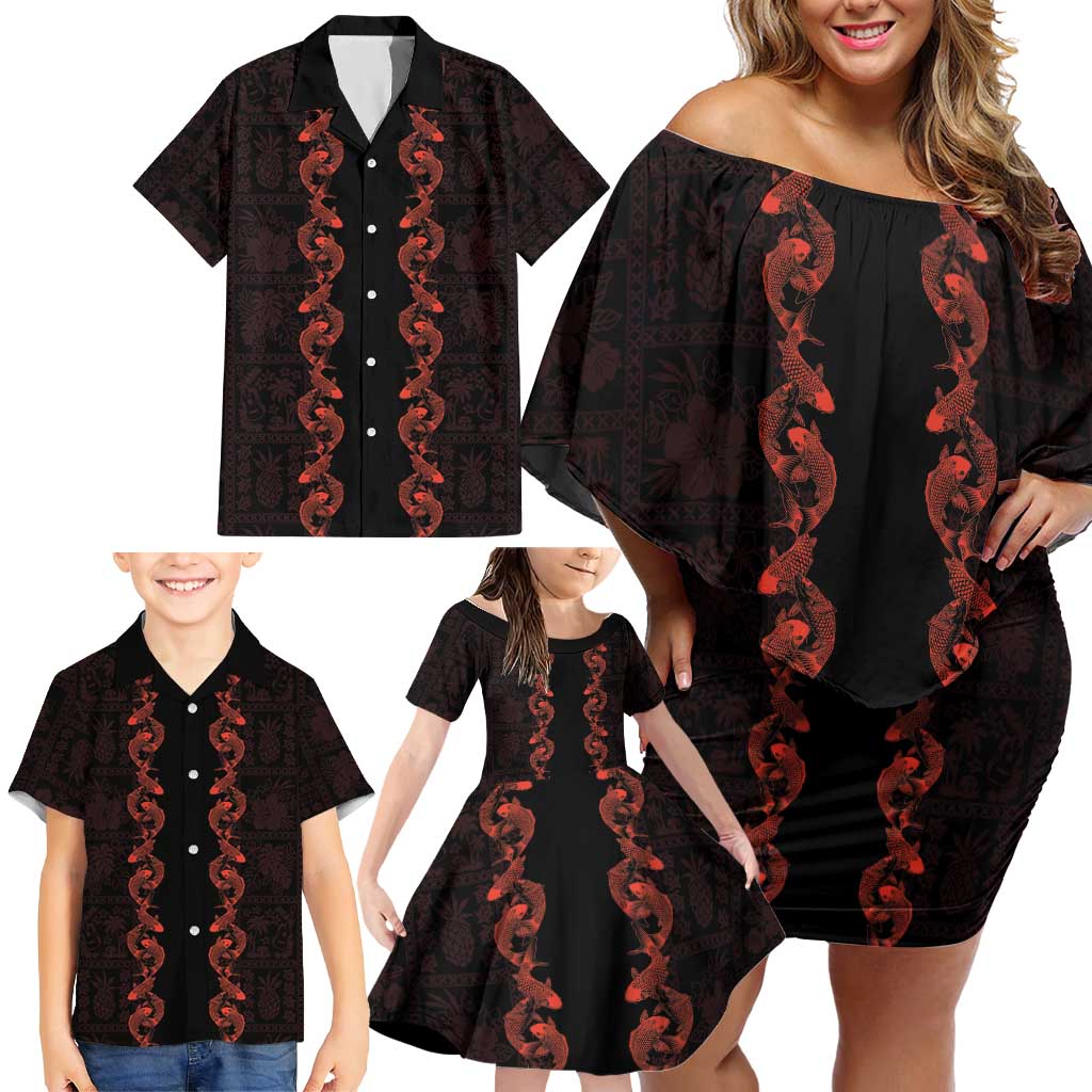 Hawaii Japan Koi Fish Red Family Matching Off Shoulder Short Dress and Hawaiian Shirt Tapa Pattern LT01 - Polynesian Pride