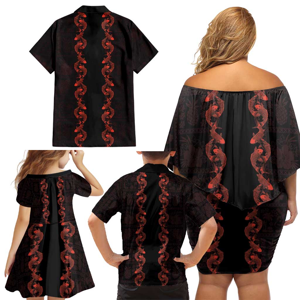 Hawaii Japan Koi Fish Red Family Matching Off Shoulder Short Dress and Hawaiian Shirt Tapa Pattern LT01 - Polynesian Pride