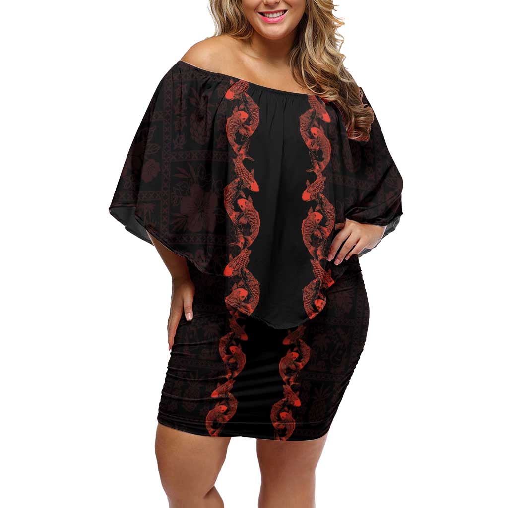 Hawaii Japan Koi Fish Red Family Matching Off Shoulder Short Dress and Hawaiian Shirt Tapa Pattern LT01 Mom's Dress Red - Polynesian Pride