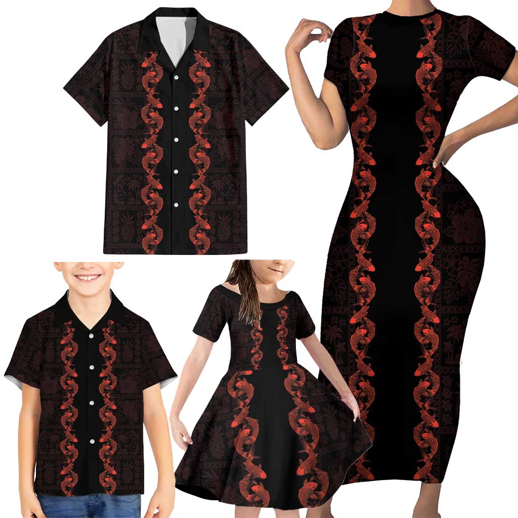 Hawaii Japan Koi Fish Red Family Matching Short Sleeve Bodycon Dress and Hawaiian Shirt Tapa Pattern LT01 - Polynesian Pride