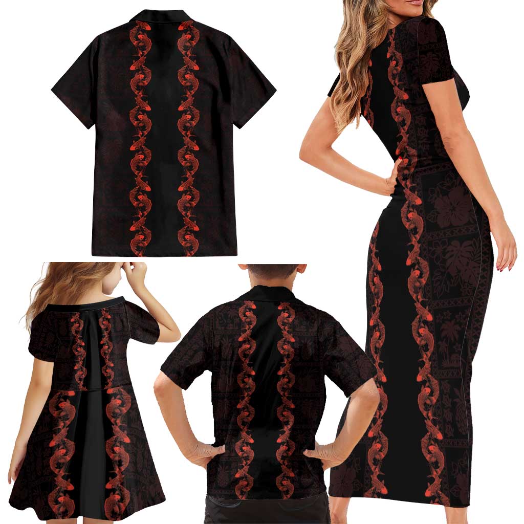 Hawaii Japan Koi Fish Red Family Matching Short Sleeve Bodycon Dress and Hawaiian Shirt Tapa Pattern LT01 - Polynesian Pride