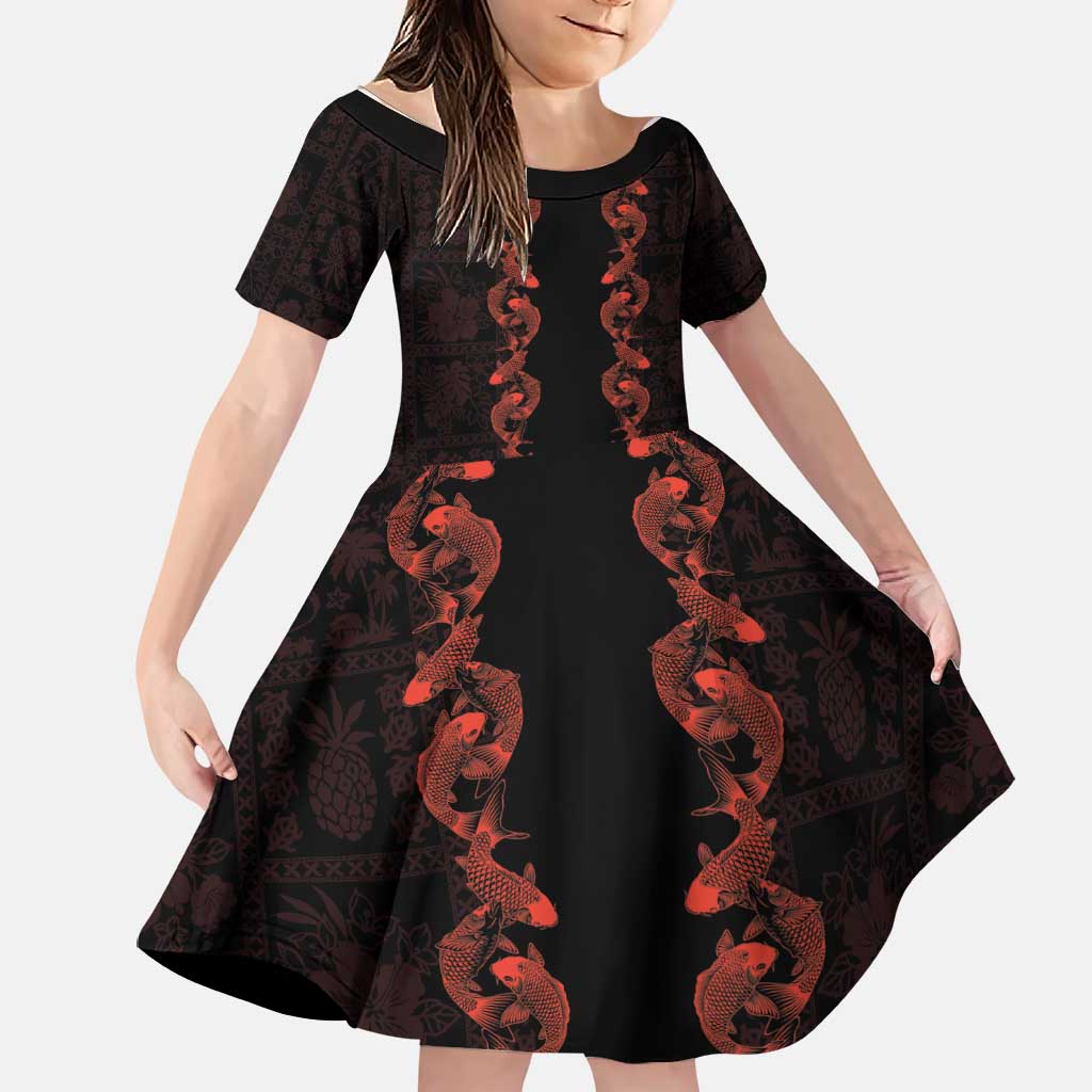 Hawaii Japan Koi Fish Red Family Matching Summer Maxi Dress and Hawaiian Shirt Tapa Pattern LT01 Daughter's Dress Red - Polynesian Pride