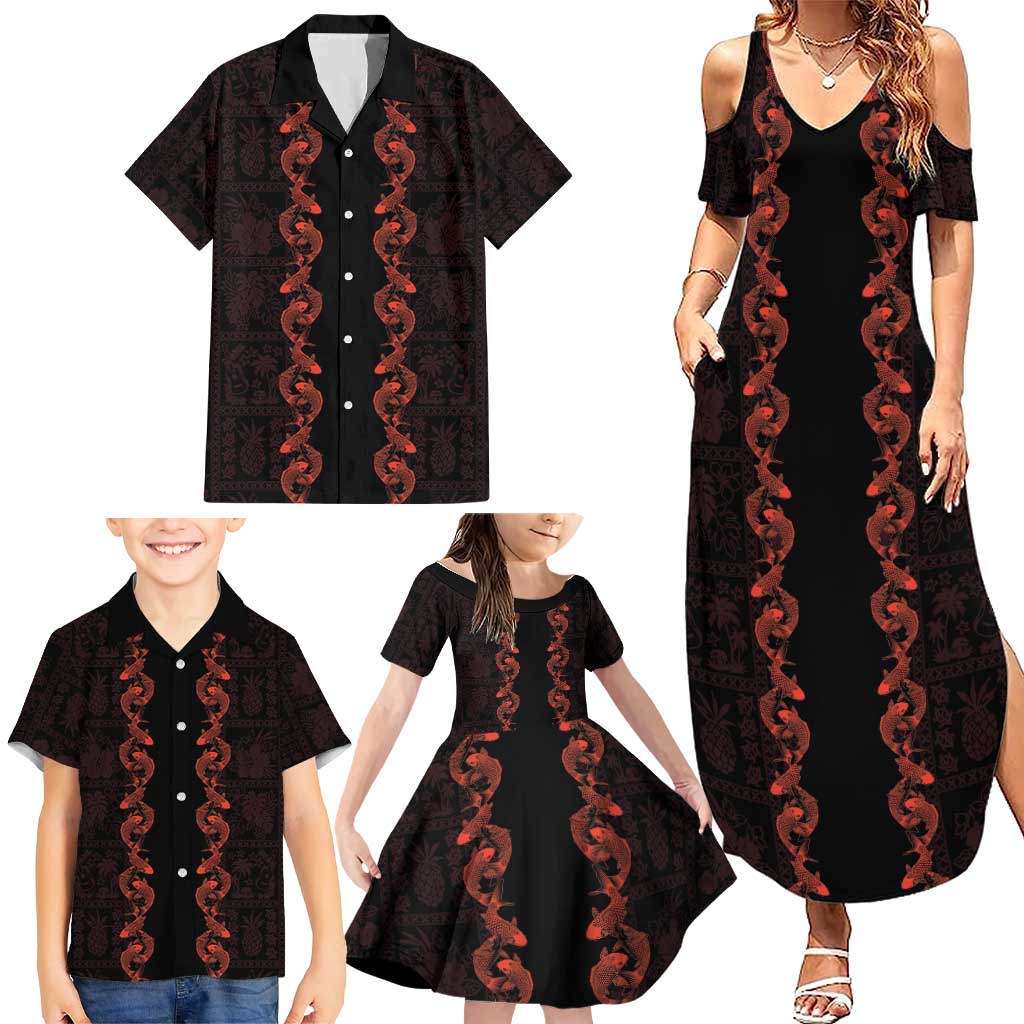 Hawaii Japan Koi Fish Red Family Matching Summer Maxi Dress and Hawaiian Shirt Tapa Pattern - Polynesian Pride